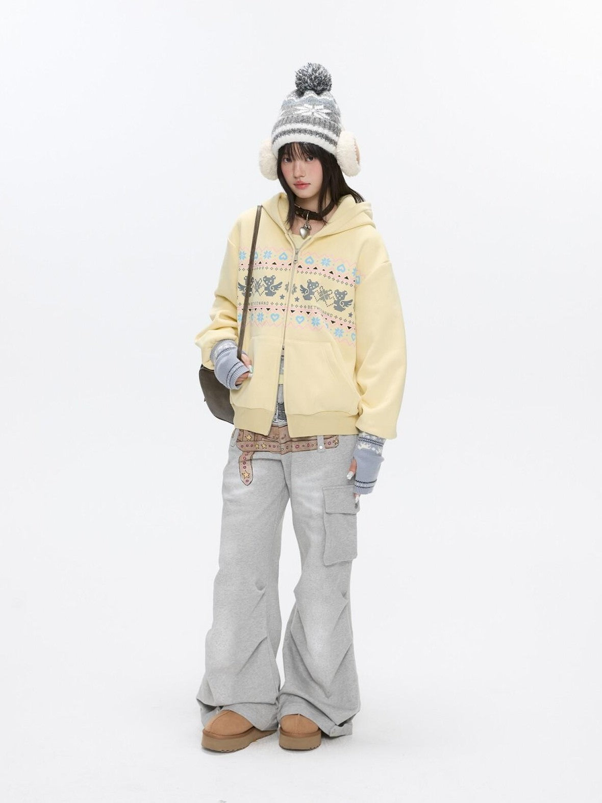 BETWEENAND Yellow Fair Isle Bear Print Fleece Lined Women&