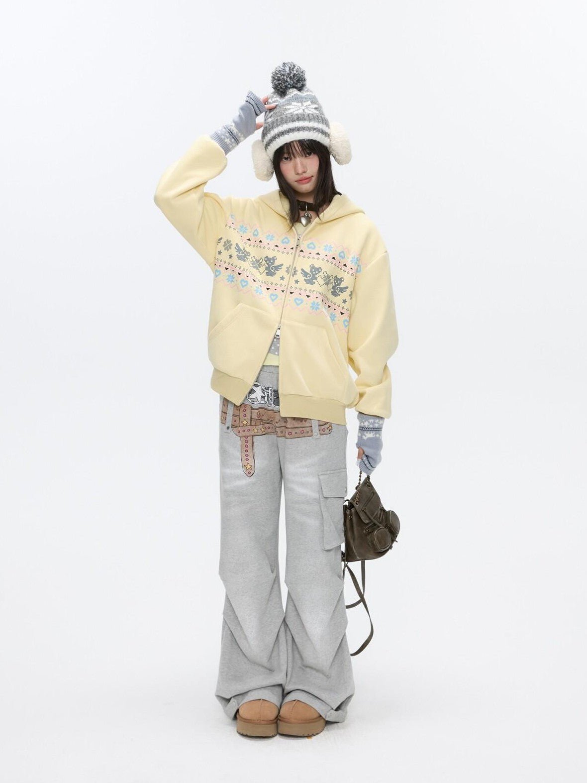 BETWEENAND Yellow Fair Isle Bear Print Fleece Lined Women&