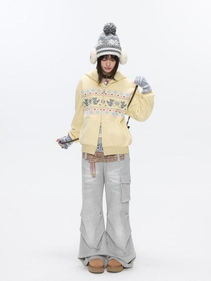 BETWEENAND Yellow Fair Isle Bear Print Fleece Lined Women&