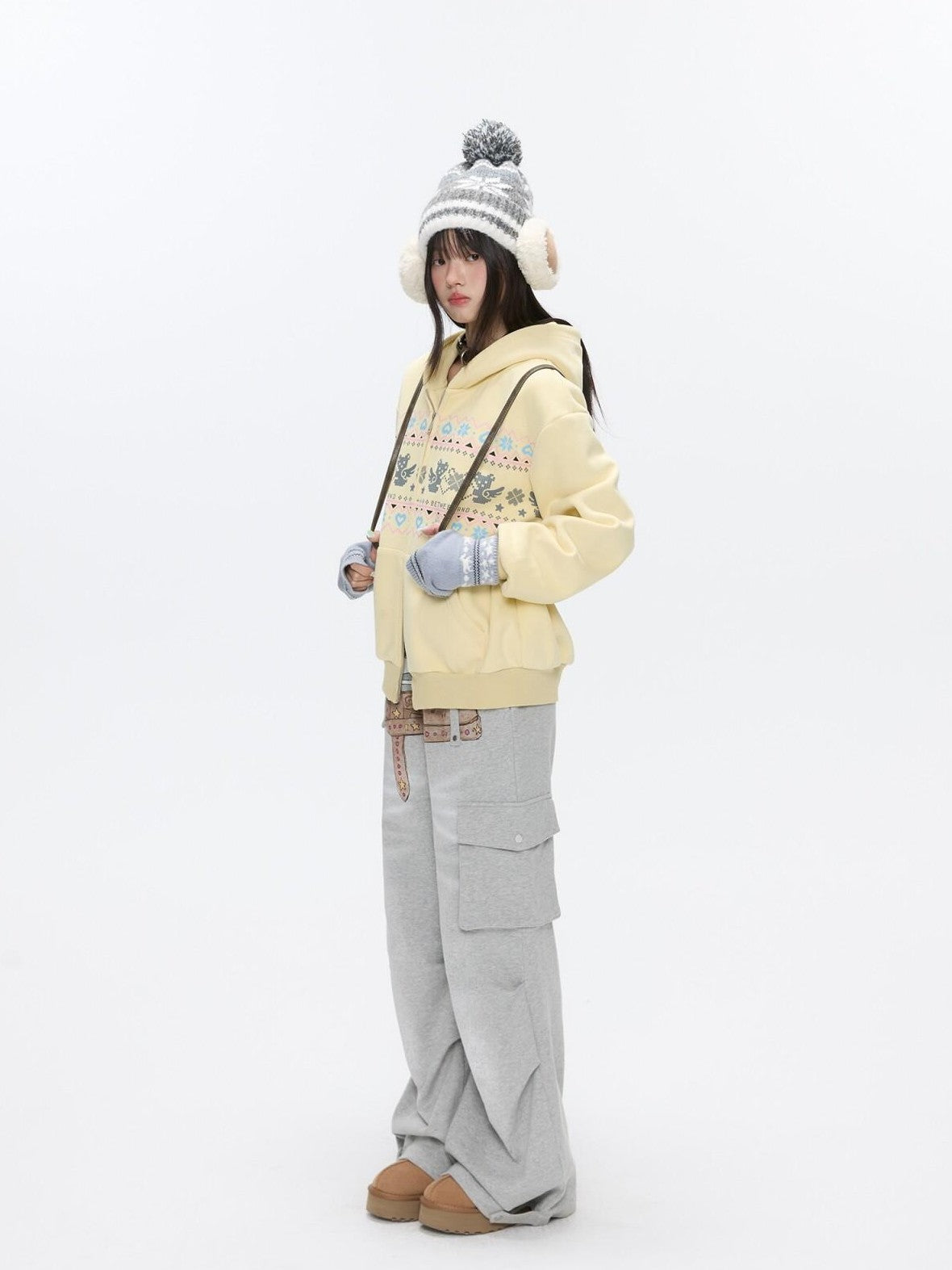 BETWEENAND Yellow Fair Isle Bear Print Fleece Lined Women&