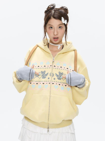 BETWEENAND Yellow Fair Isle Bear Print Fleece Lined Women&