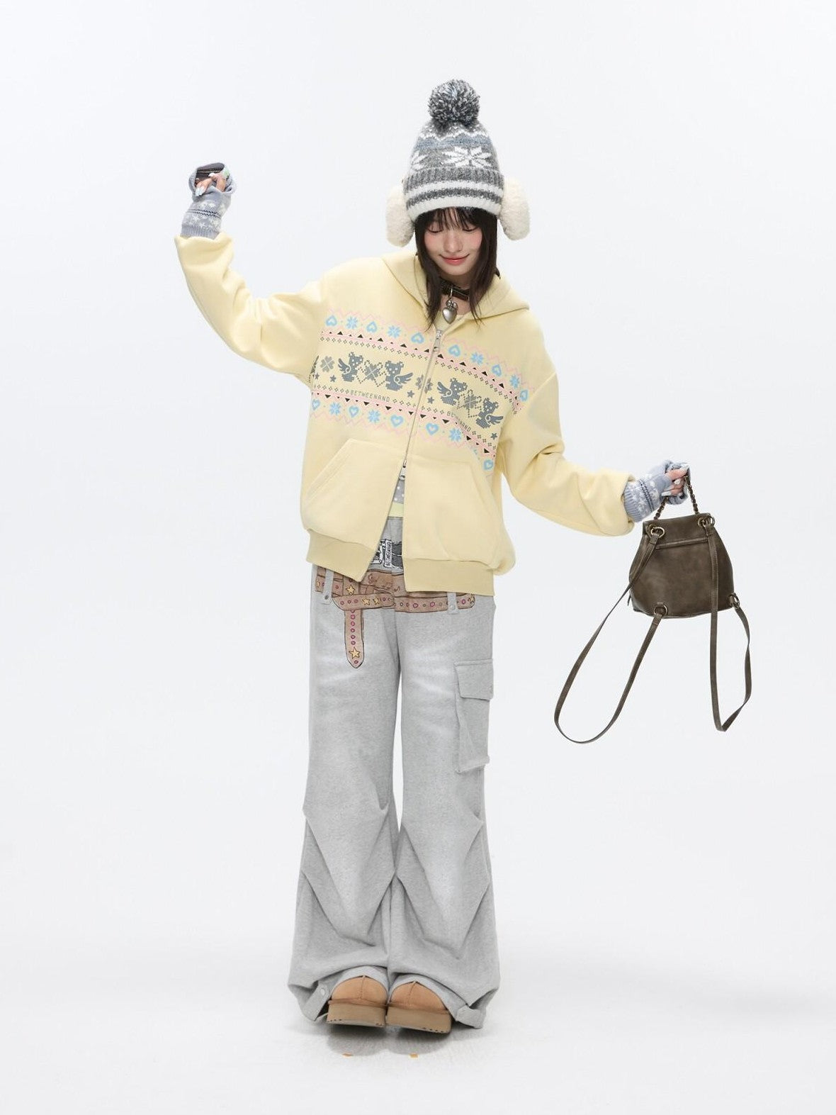 BETWEENAND Yellow Fair Isle Bear Print Fleece Lined Women&