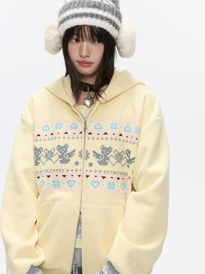 BETWEENAND Yellow Fair Isle Bear Print Fleece Lined Women&
