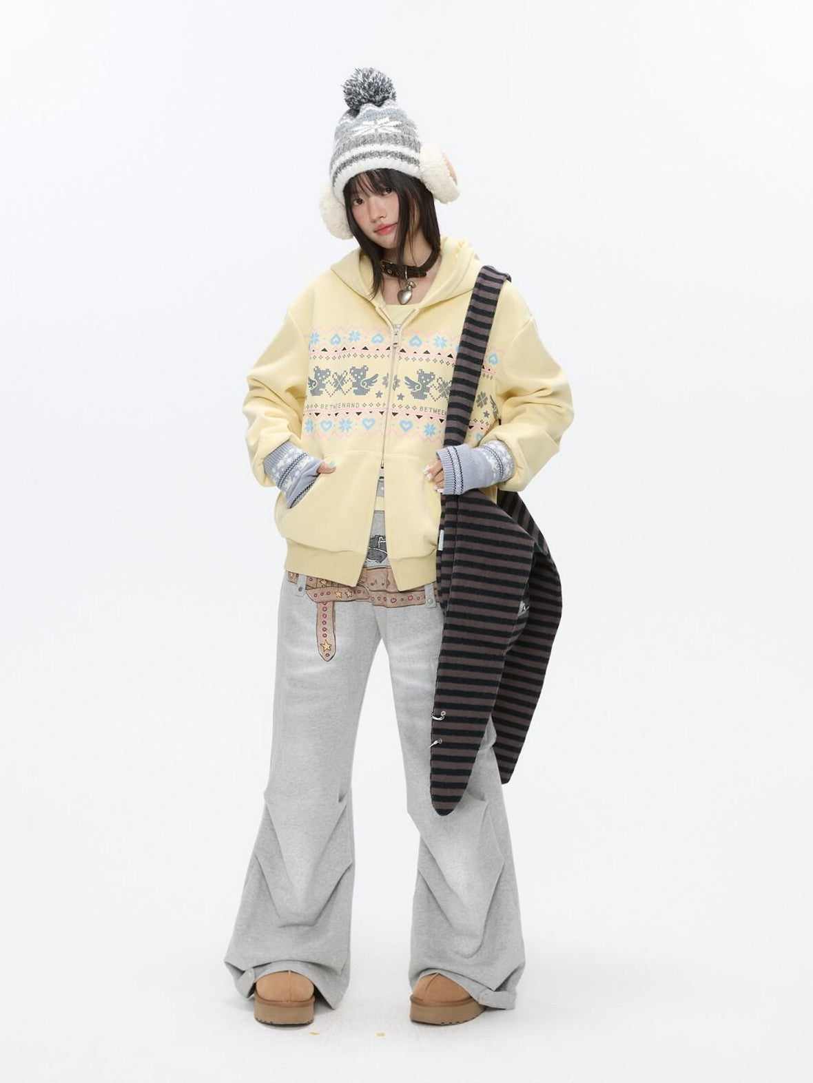 BETWEENAND Yellow Fair Isle Bear Print Fleece Lined Women&