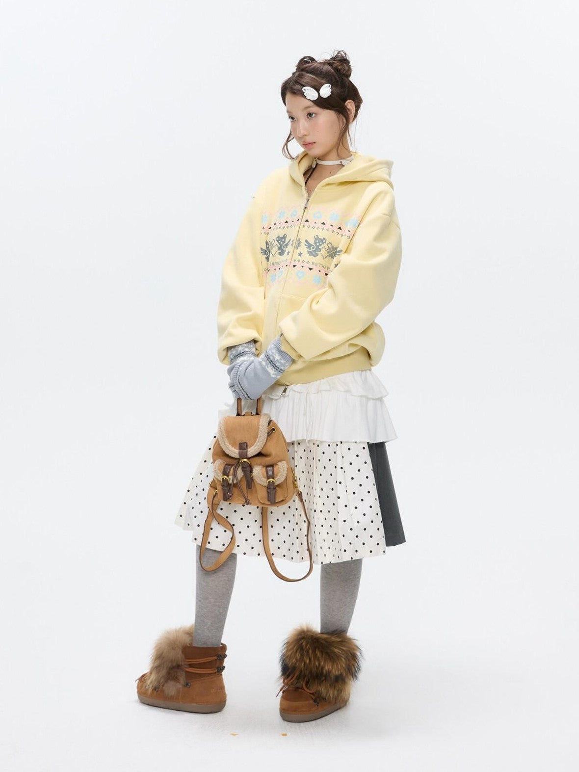 BETWEENAND Yellow Fair Isle Bear Print Fleece Lined Women&