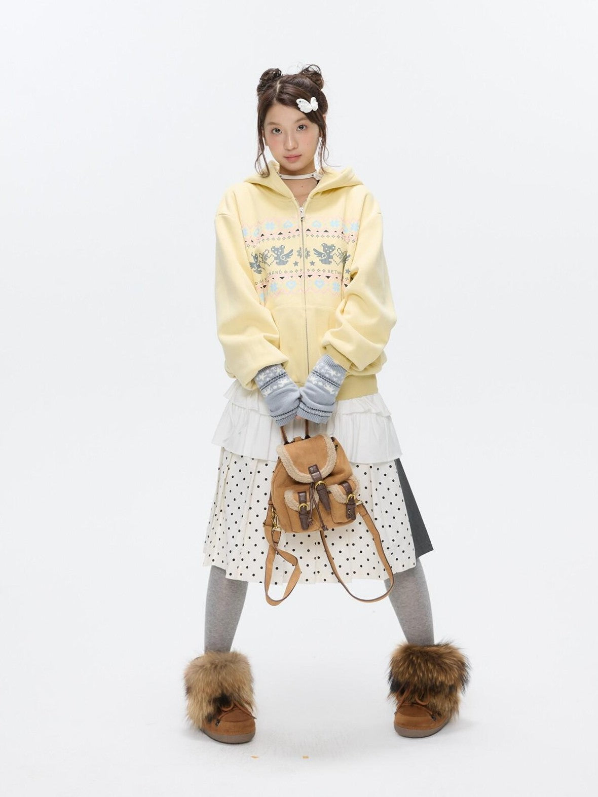 BETWEENAND Yellow Fair Isle Bear Print Fleece Lined Women&