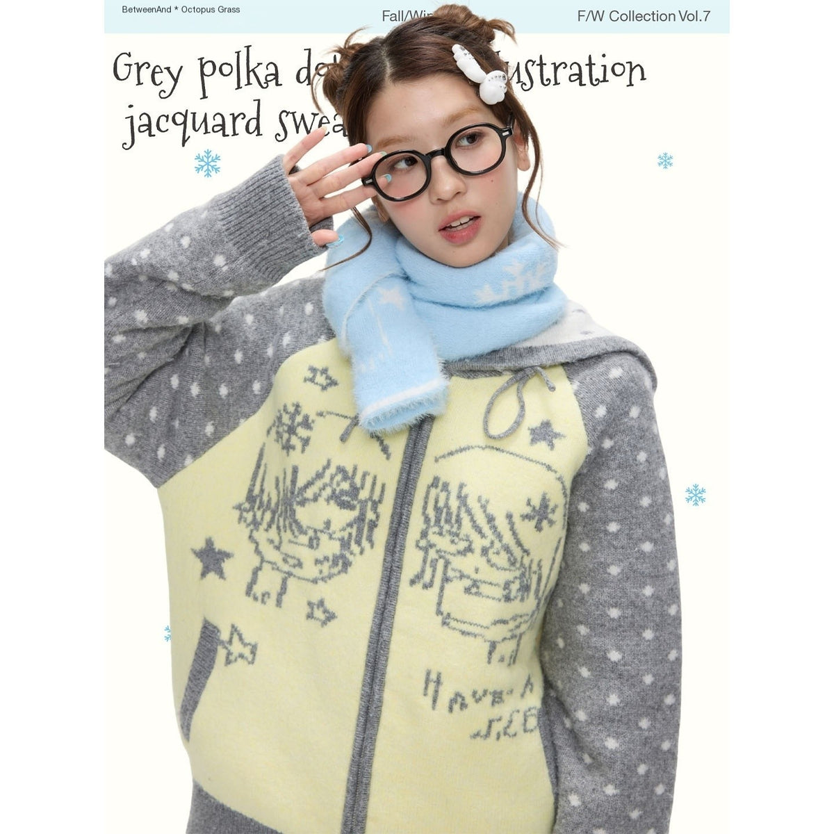 BETWEENAND_Yellow_Gray_Polka_Thick_Jacquard_Raglan_Hooded_Women&