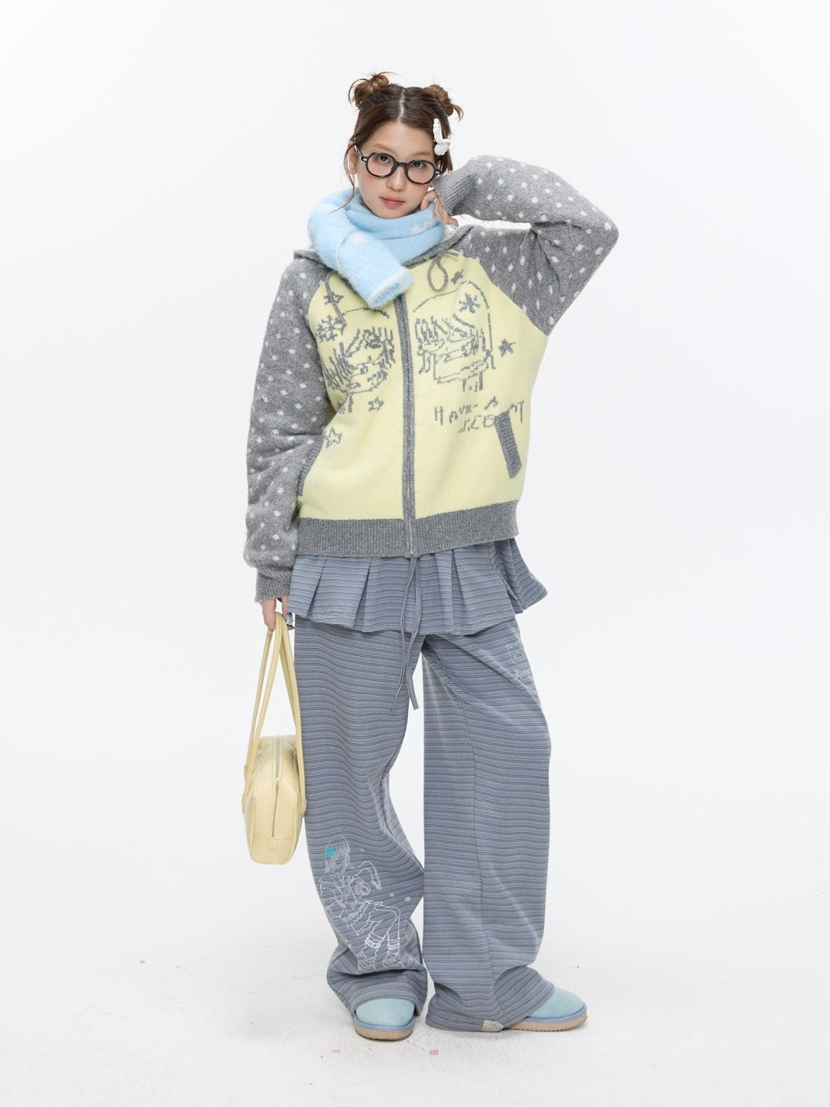 BETWEENAND Yellow Gray Polka Thick Jacquard Raglan Hooded Women&