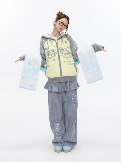 BETWEENAND Yellow Gray Polka Thick Jacquard Raglan Hooded Women&