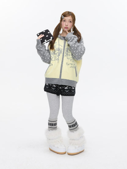 BETWEENAND Yellow Gray Polka Thick Jacquard Raglan Hooded Women&