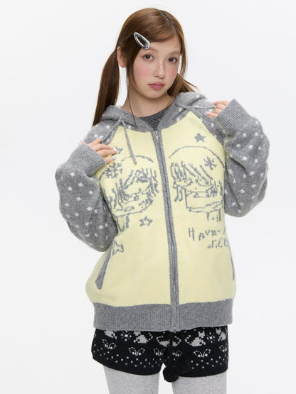 BETWEENAND Yellow Gray Polka Thick Jacquard Raglan Hooded Women&