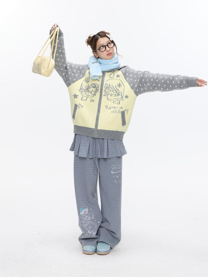 BETWEENAND Yellow Gray Polka Thick Jacquard Raglan Hooded Women&