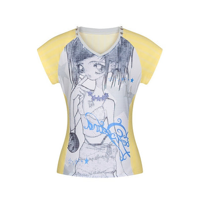 BETWEENAND_Yellow_Striped_Patchwork_V-neck_Rhinestone_Women&