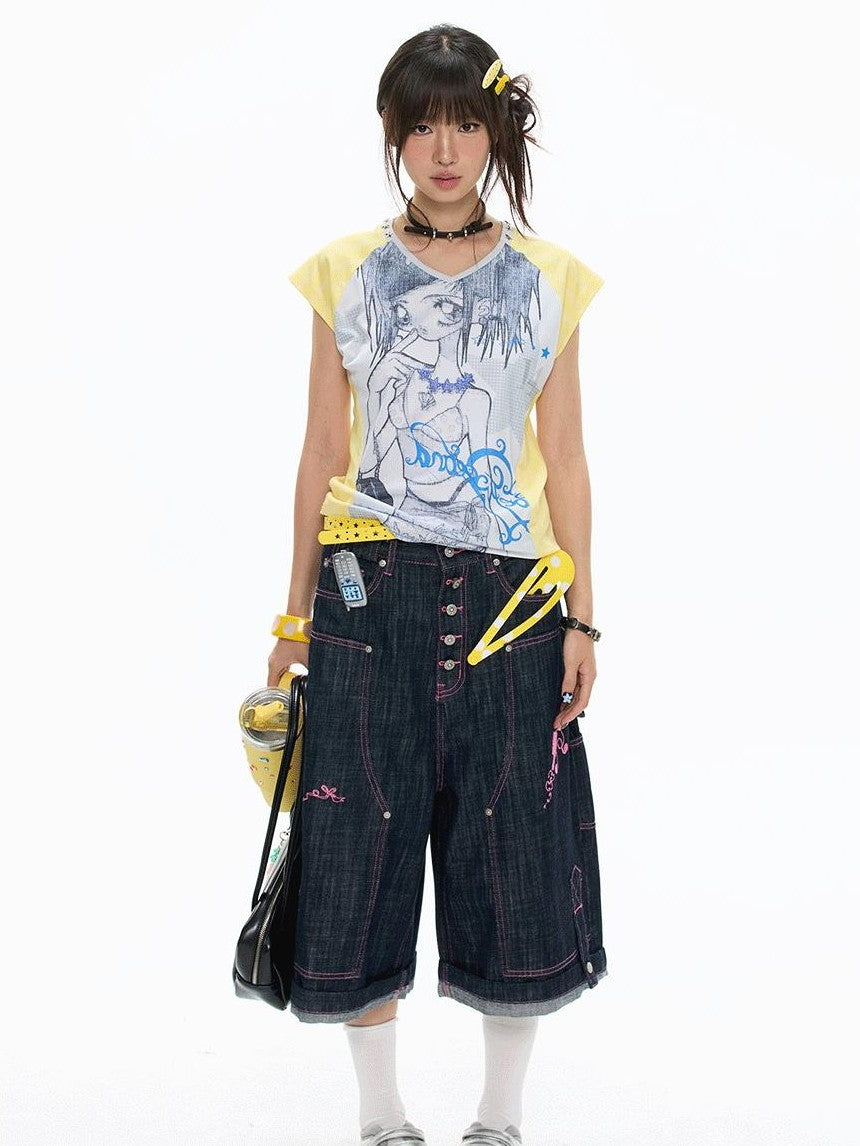 BETWEENAND Yellow Striped Patchwork V-neck Rhinestone Women&