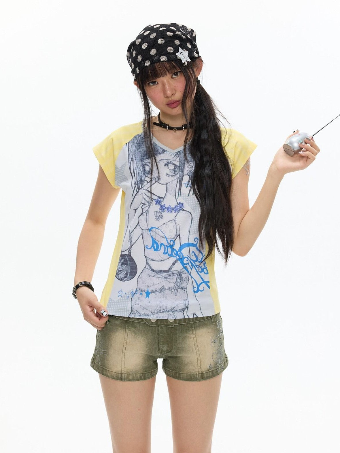 BETWEENAND Yellow Striped Patchwork V-neck Rhinestone Women&