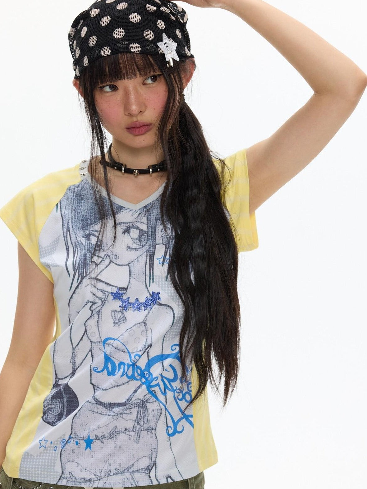 BETWEENAND Yellow Striped Patchwork V-neck Rhinestone Women&