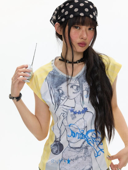 BETWEENAND Yellow Striped Patchwork V-neck Rhinestone Women&