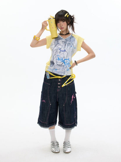BETWEENAND Yellow Striped Patchwork V-neck Rhinestone Women&