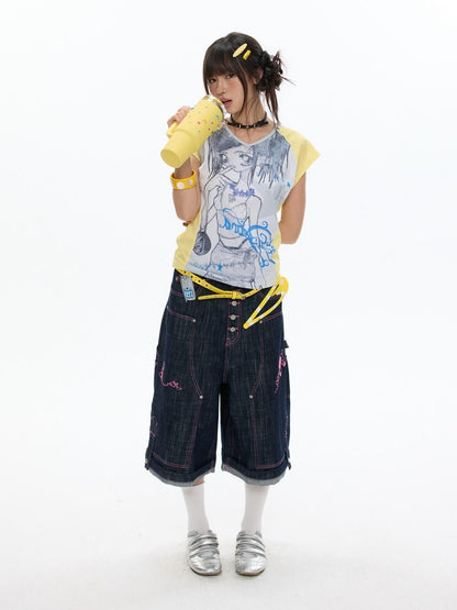 BETWEENAND Yellow Striped Patchwork V-neck Rhinestone Women&