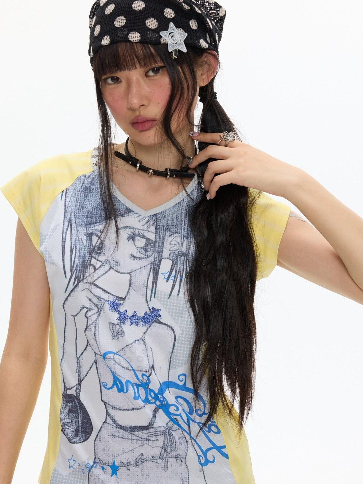 BETWEENAND Yellow Striped Patchwork V-neck Rhinestone Women&