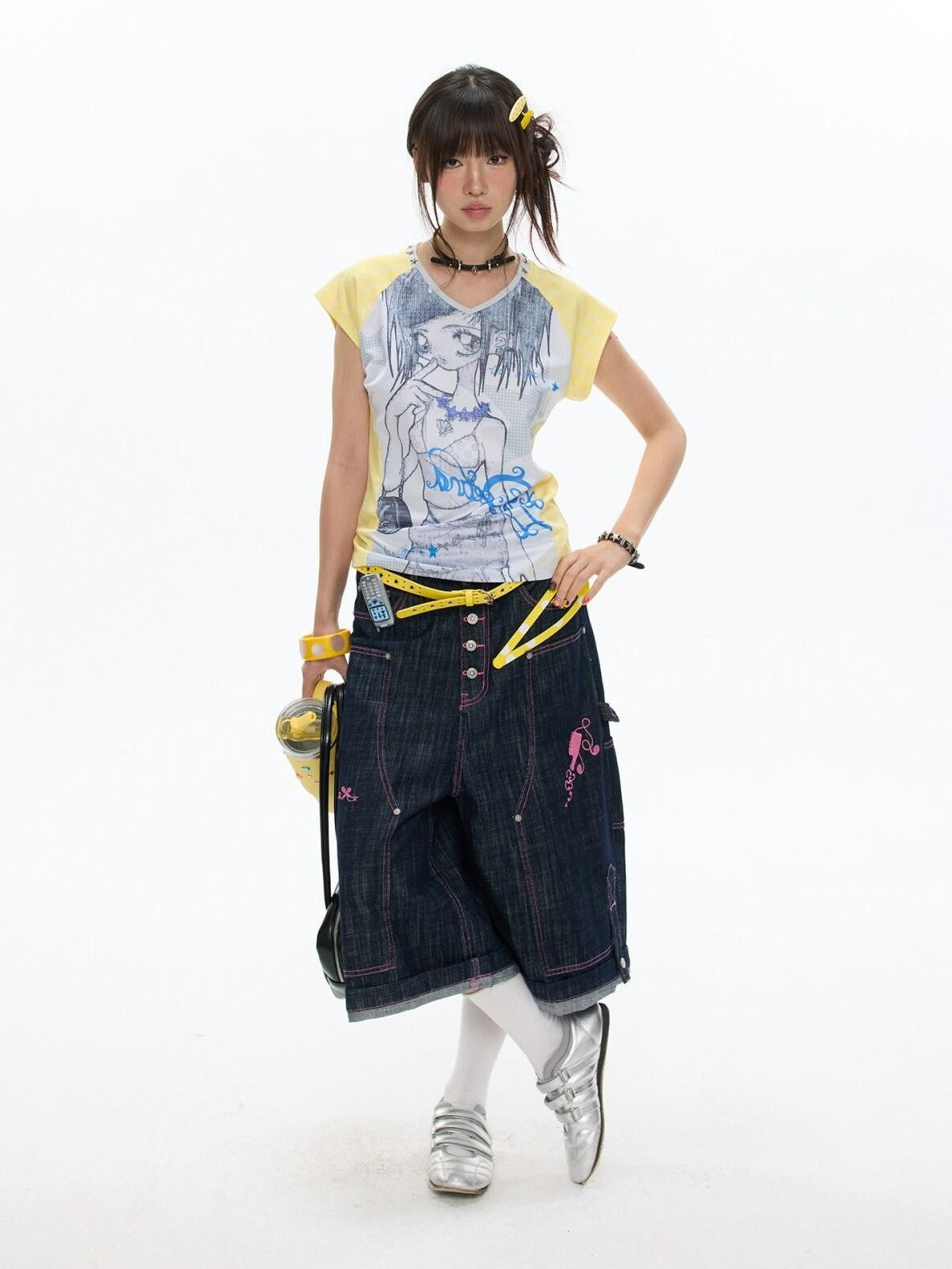 BETWEENAND Yellow Striped Patchwork V-neck Rhinestone Women&