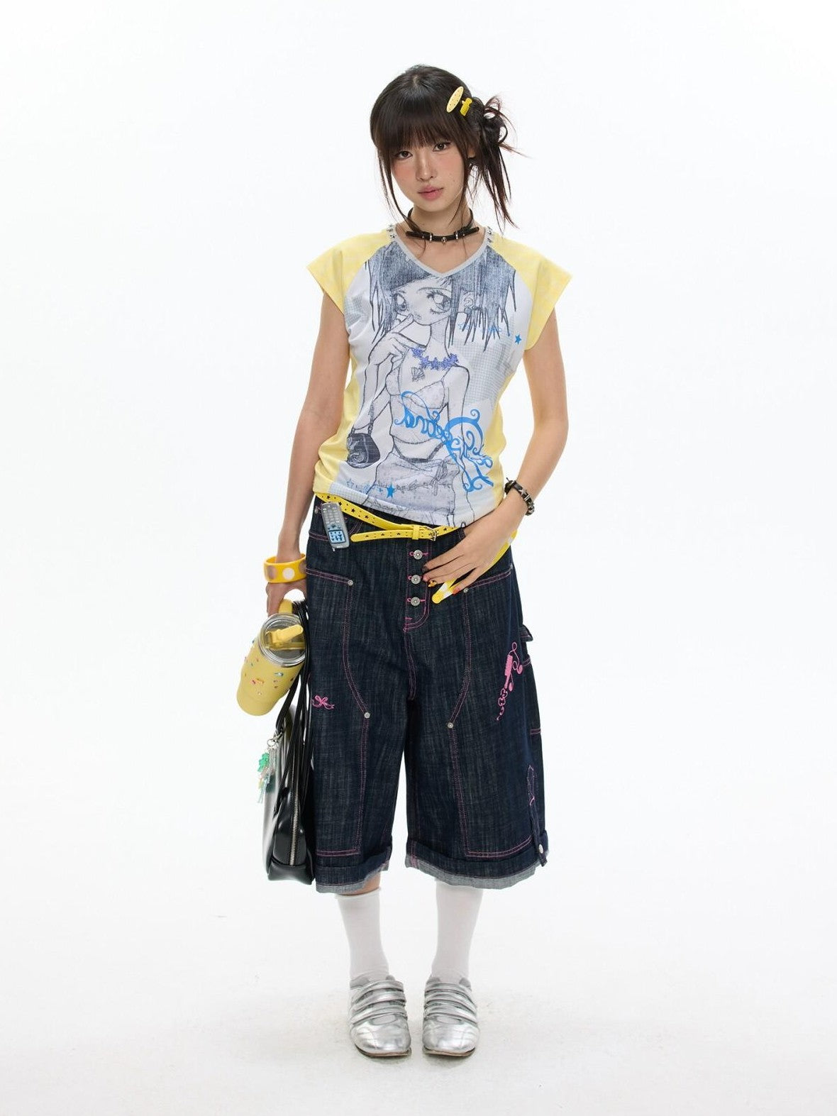 BETWEENAND Yellow Striped Patchwork V-neck Rhinestone Women&