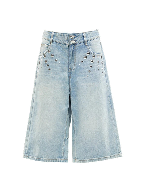 Washed Blue Denim Mid Shorts With Metal Rivets
