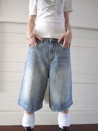 ang project Vintage Summer Distressed Denim Mid Shorts With Rhinestones