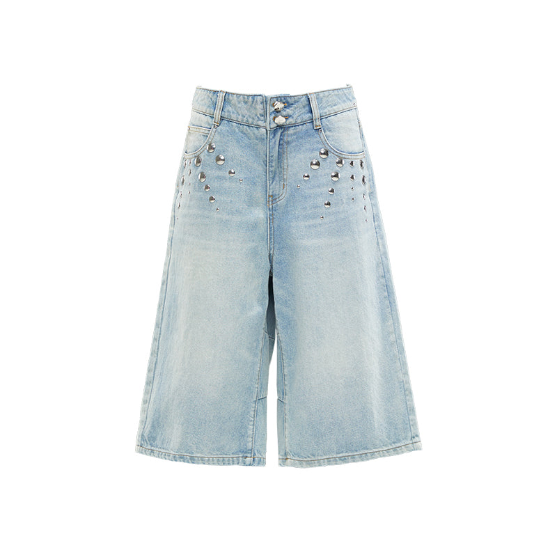 YOSHUYUKI Washed Blue Denim Mid Shorts With Metal Rivets