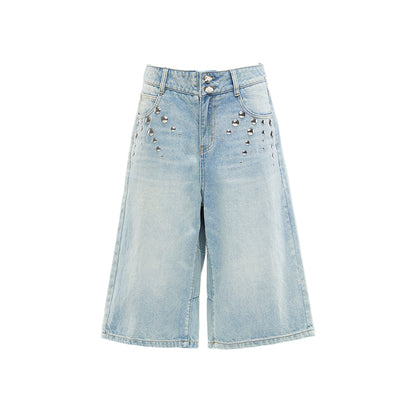 YOSHUYUKI Washed Blue Denim Mid Shorts With Metal Rivets