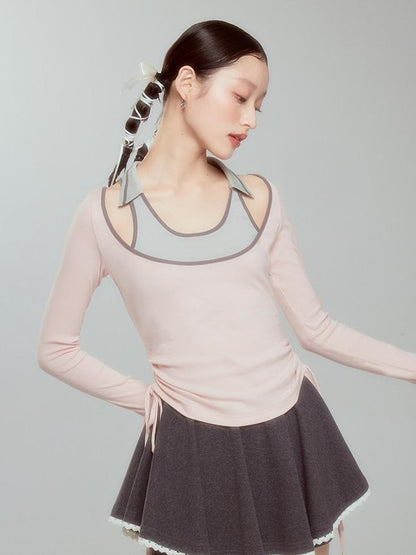 DIDDI MODA Balletcore Knit Layered Mock Neck Top