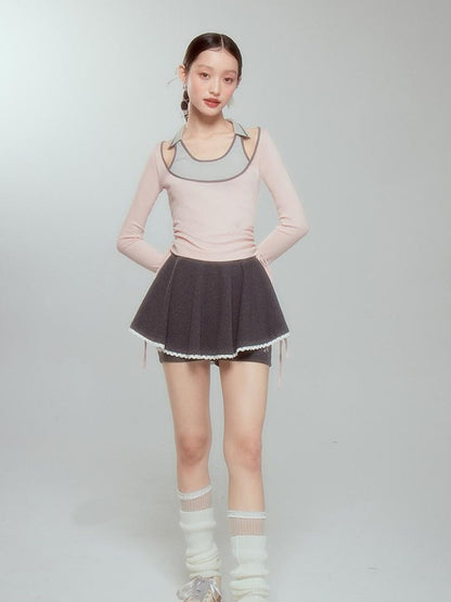 DIDDI MODA Balletcore Knit Layered Mock Neck Top