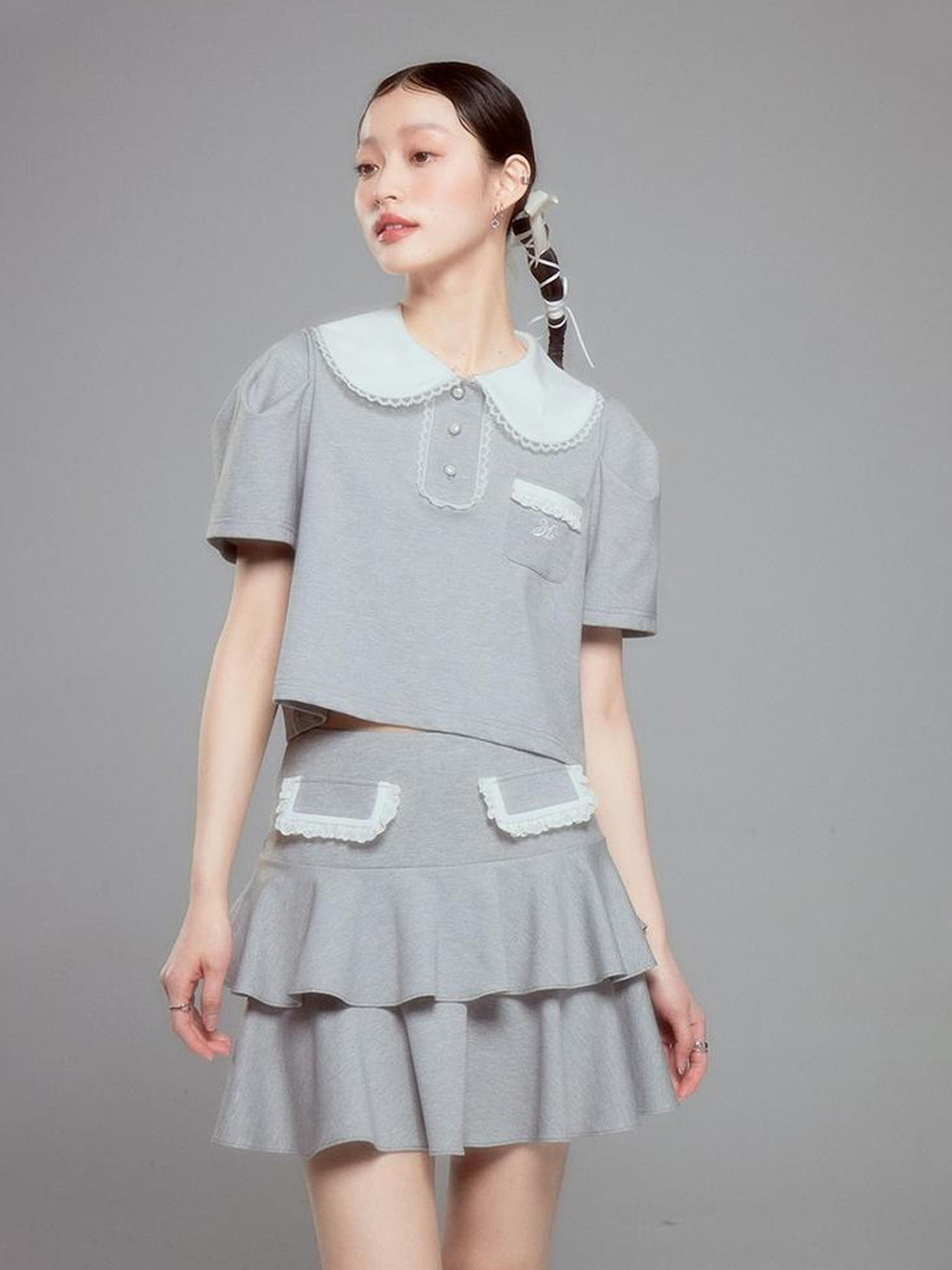 DIDDI MODA Balletcore Knit Set Soft Contrast Trim Top Skirt