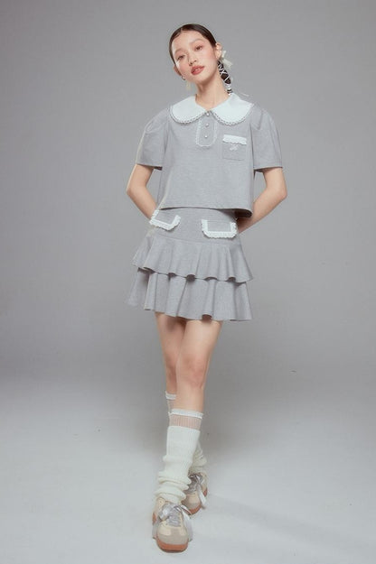 DIDDI MODA Balletcore Knit Set Soft Contrast Trim Top Skirt
