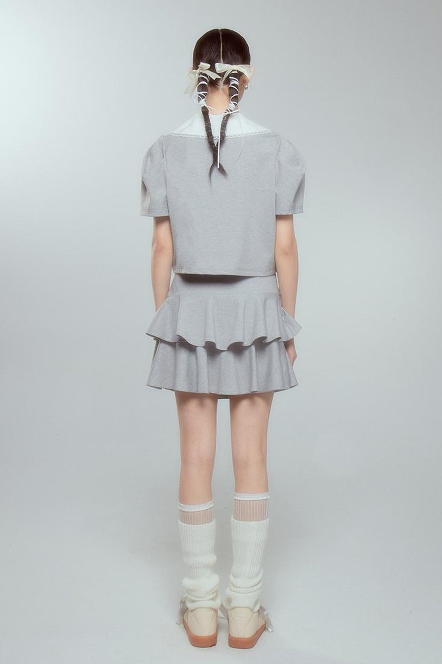 DIDDI MODA Balletcore Knit Set Soft Contrast Trim Top Skirt