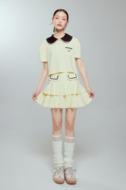 DIDDI MODA Balletcore Knit Set Soft Contrast Trim Top Skirt
