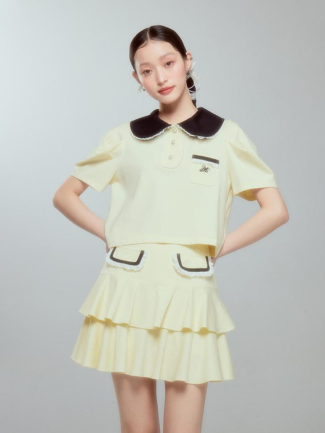 DIDDI MODA Balletcore Knit Set Soft Contrast Trim Top Skirt