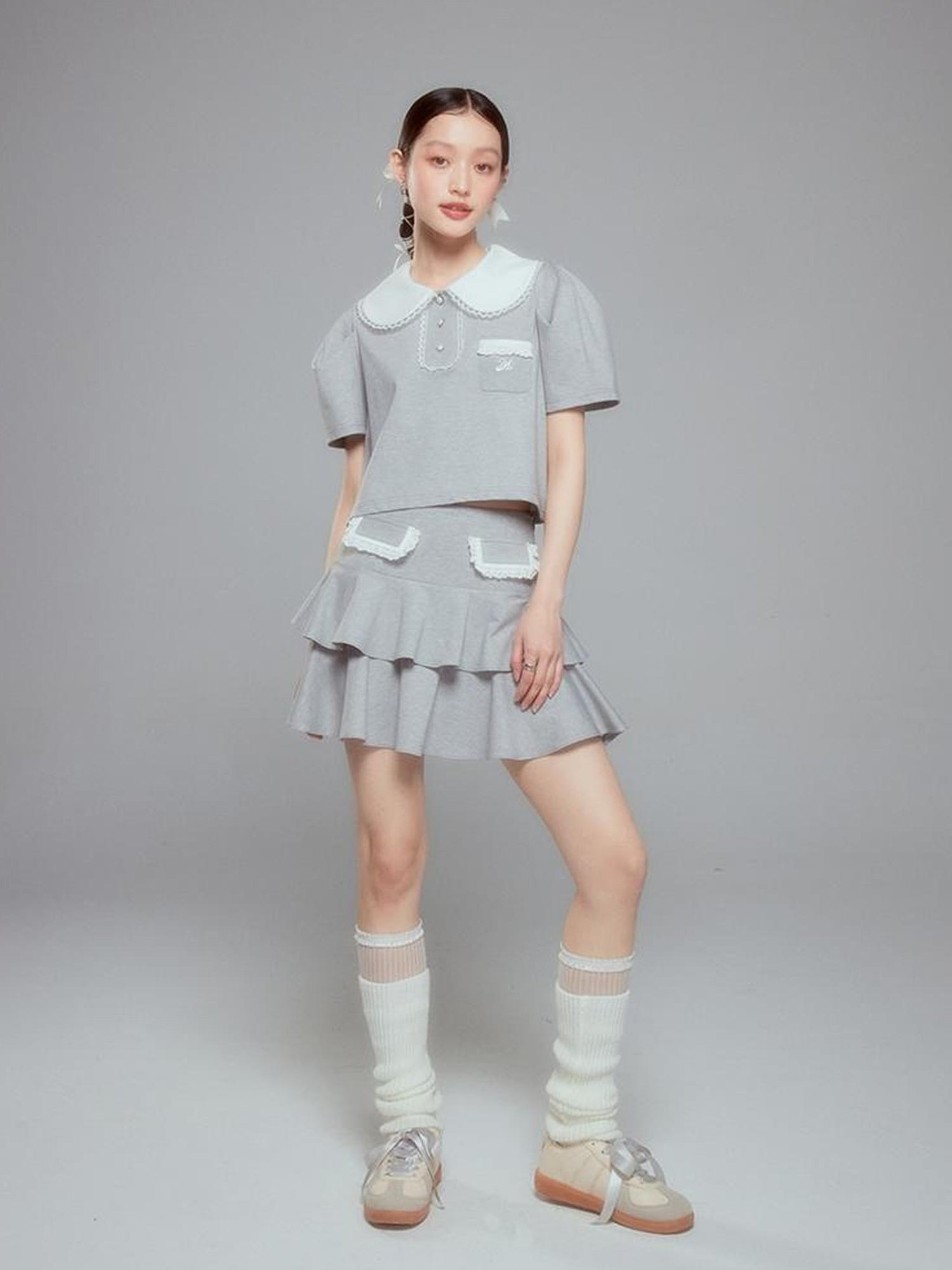 DIDDI MODA Balletcore Knit Set Soft Contrast Trim Top Skirt
