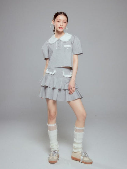 DIDDI MODA Balletcore Knit Set Soft Contrast Trim Top Skirt