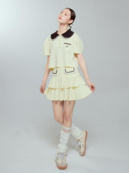 DIDDI MODA Balletcore Knit Set Soft Contrast Trim Top Skirt