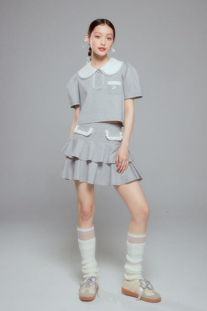 DIDDI MODA Balletcore Knit Set Soft Contrast Trim Top Skirt