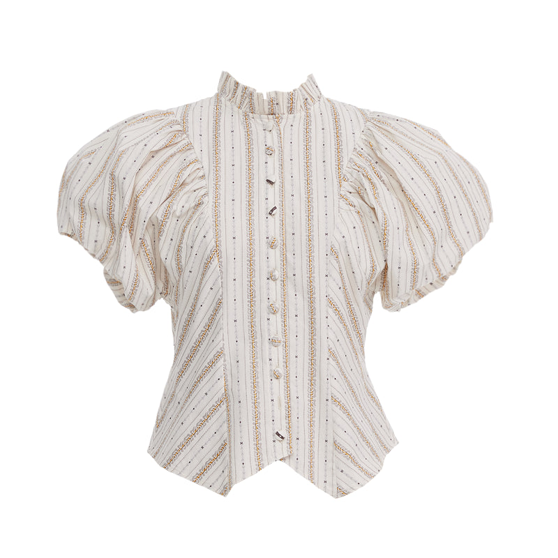 YOSHUYUKI Vintage Stripe Blouse With Puffed Sleeves