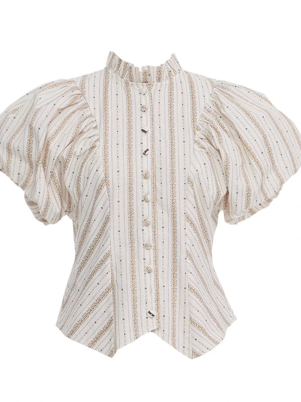 Vintage Stripe Blouse With Puffed Sleeves