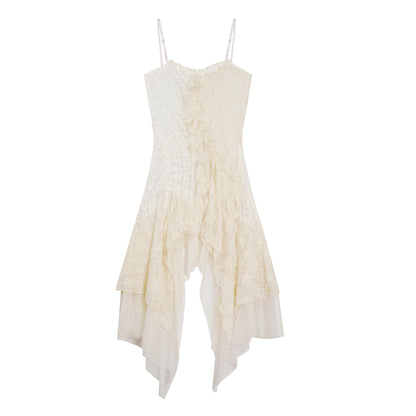 Update c Asymmetric Pleat Lace Mesh Slip Dress