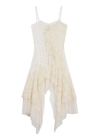 Asymmetric Pleat Lace Mesh Slip Dress