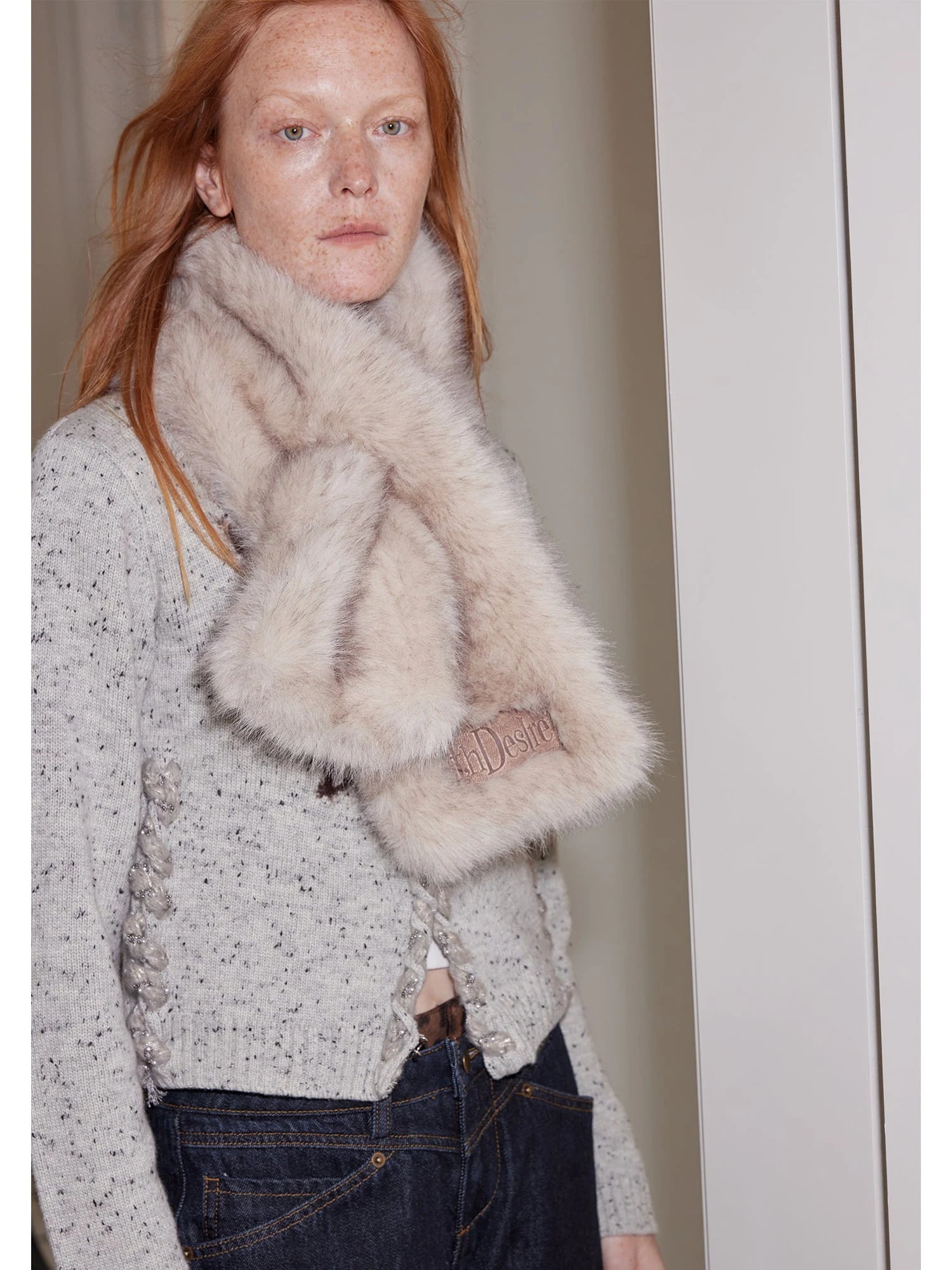 Two Tone Faux Fur Scarf With Leather Label