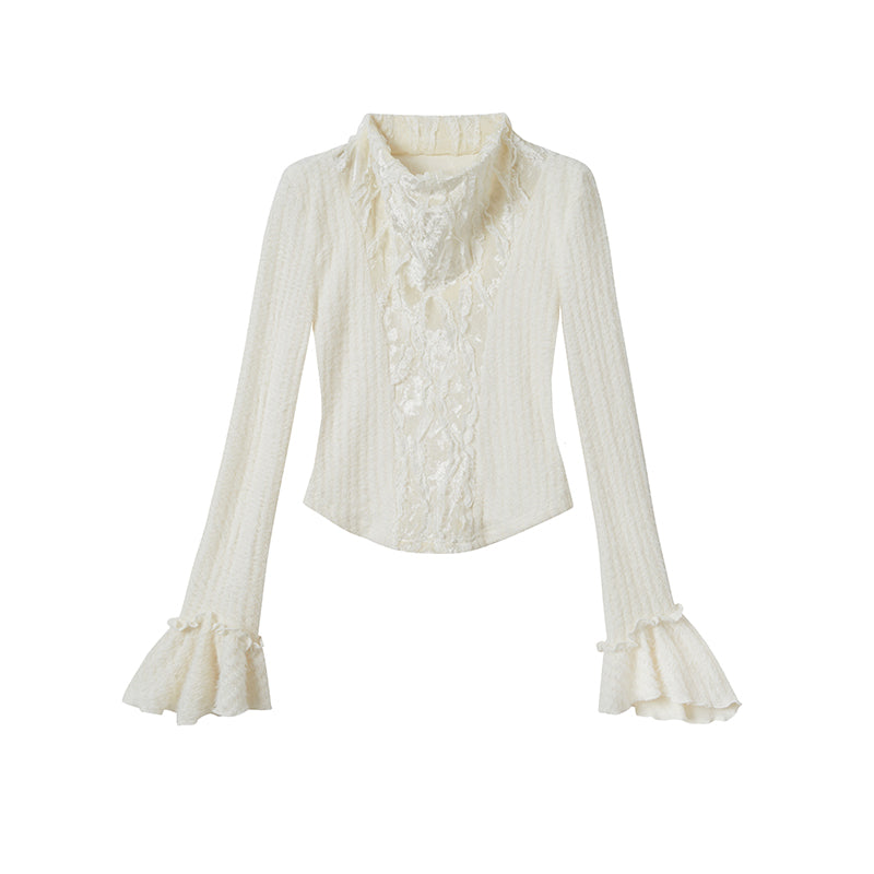 Cest Nous Velvet Lace Trim Embroidered Mock Neck Top