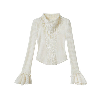 Cest Nous Velvet Lace Trim Embroidered Mock Neck Top
