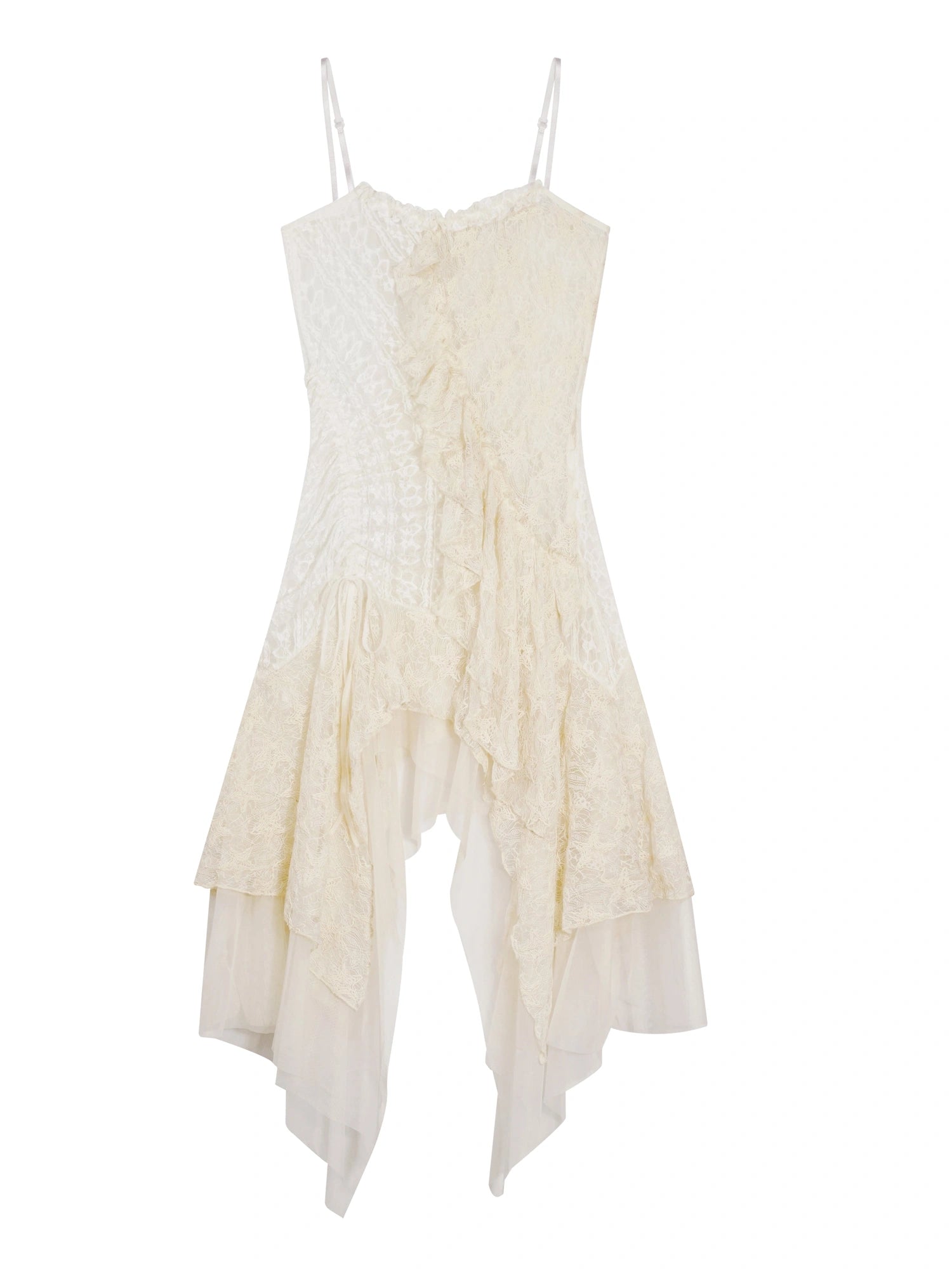 Asymmetric Pleat Lace Mesh Slip Dress