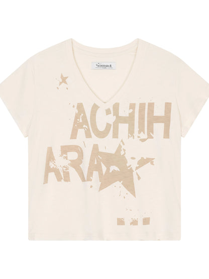 V-Neck Frayed Hem Cotton Tee With Melted Fruit Print